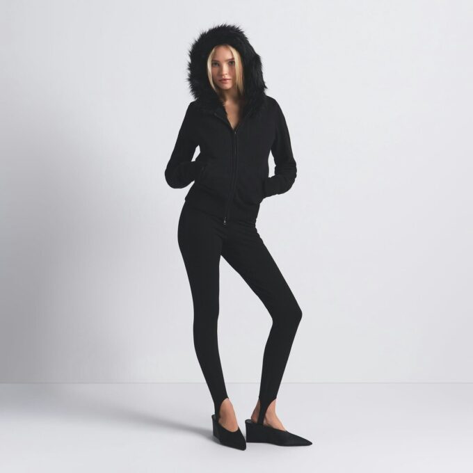 COTTON FLEECE FAUX FUR LINED ZIP UP HOODIE