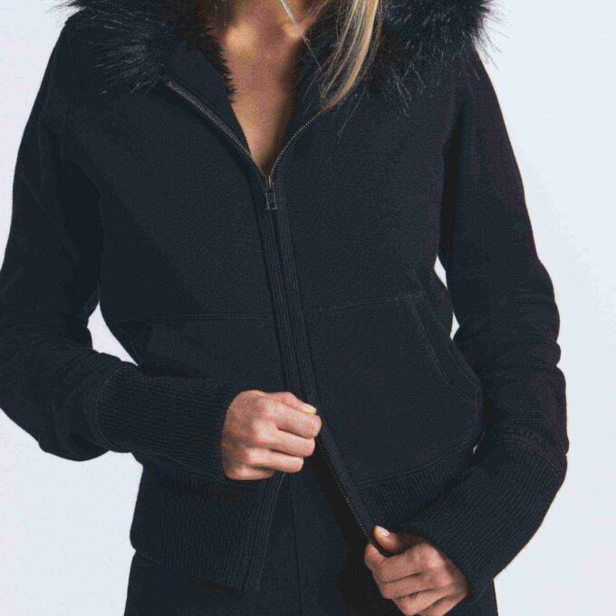 COTTON FLEECE FAUX FUR LINED ZIP UP HOODIE