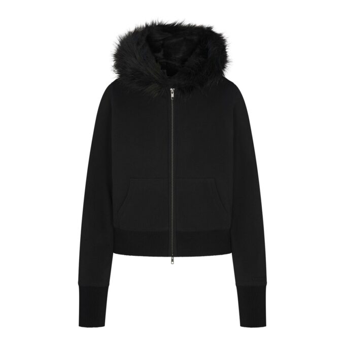 COTTON FLEECE FAUX FUR LINED ZIP UP HOODIE