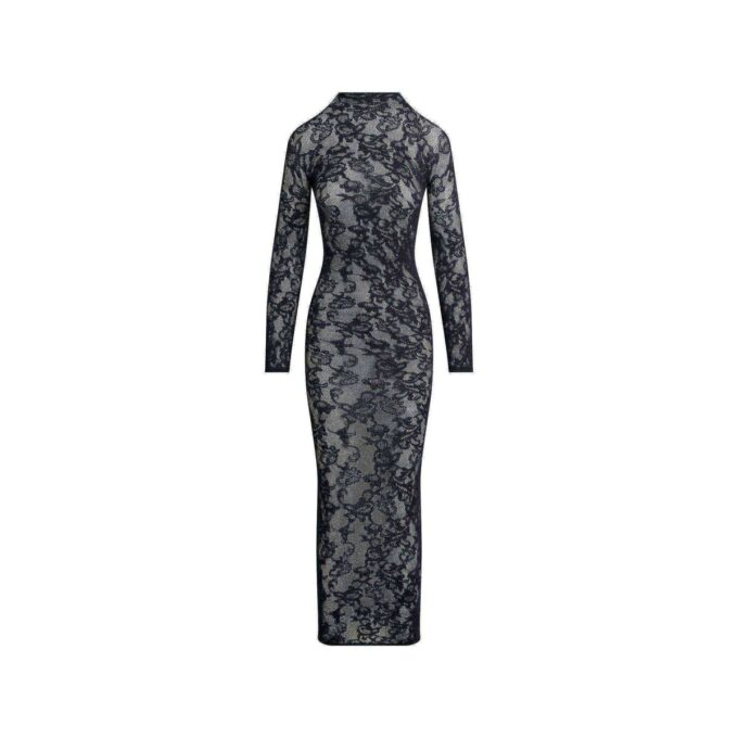 KNIT LACE MOCK NECK LONG DRESS