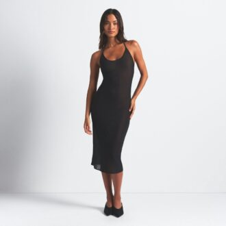 RHINESTONE KNIT HALTER MIDI SLIP DRESS