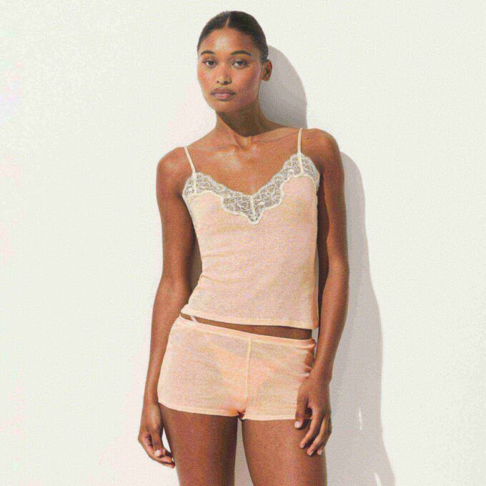 SHEER RIB LACE CAMI AND SHORT SET