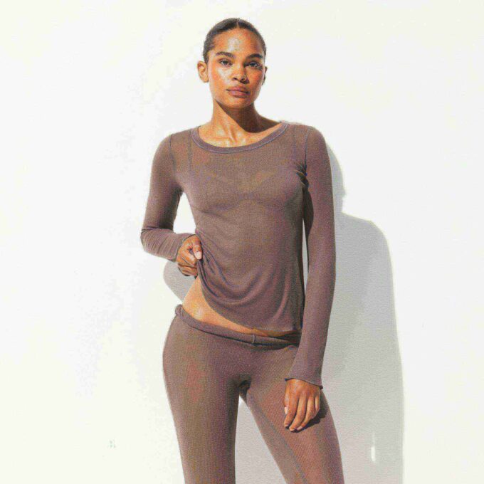 SHEER RIB LONG SLEEVE CREW NECK TOP
