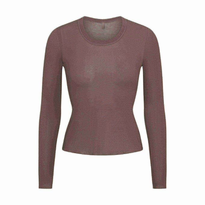 SHEER RIB LONG SLEEVE CREW NECK TOP