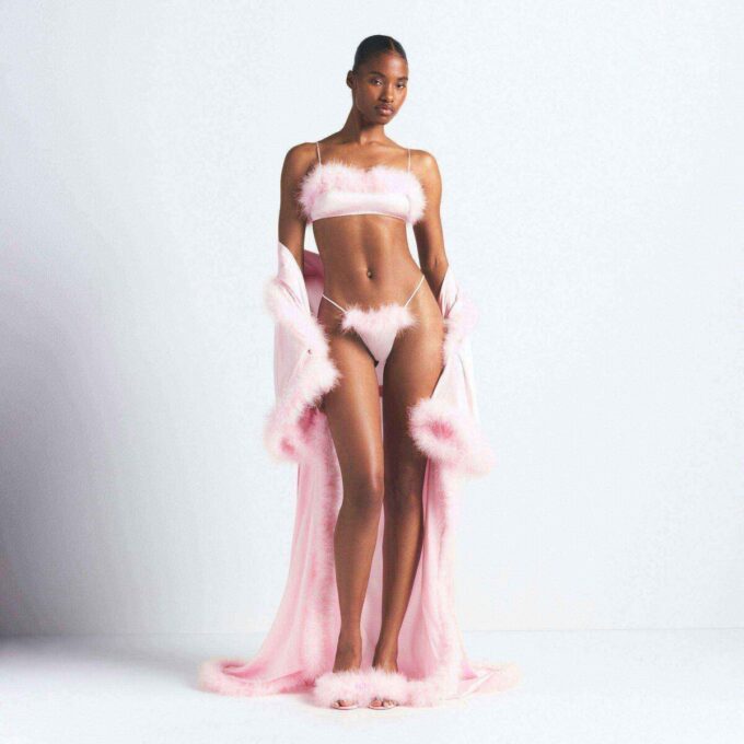 SILK FEATHER TRIM LONG ROBE