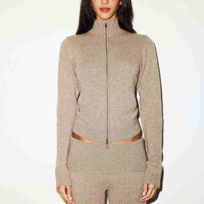 WOOL CASHMERE ZIP UP MOCK NECK SWEATER